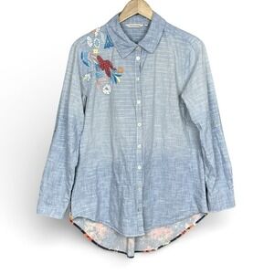 Soft Surroundings Beaded Embroidered Button Up Top Womens L Coastal Art Bohemian